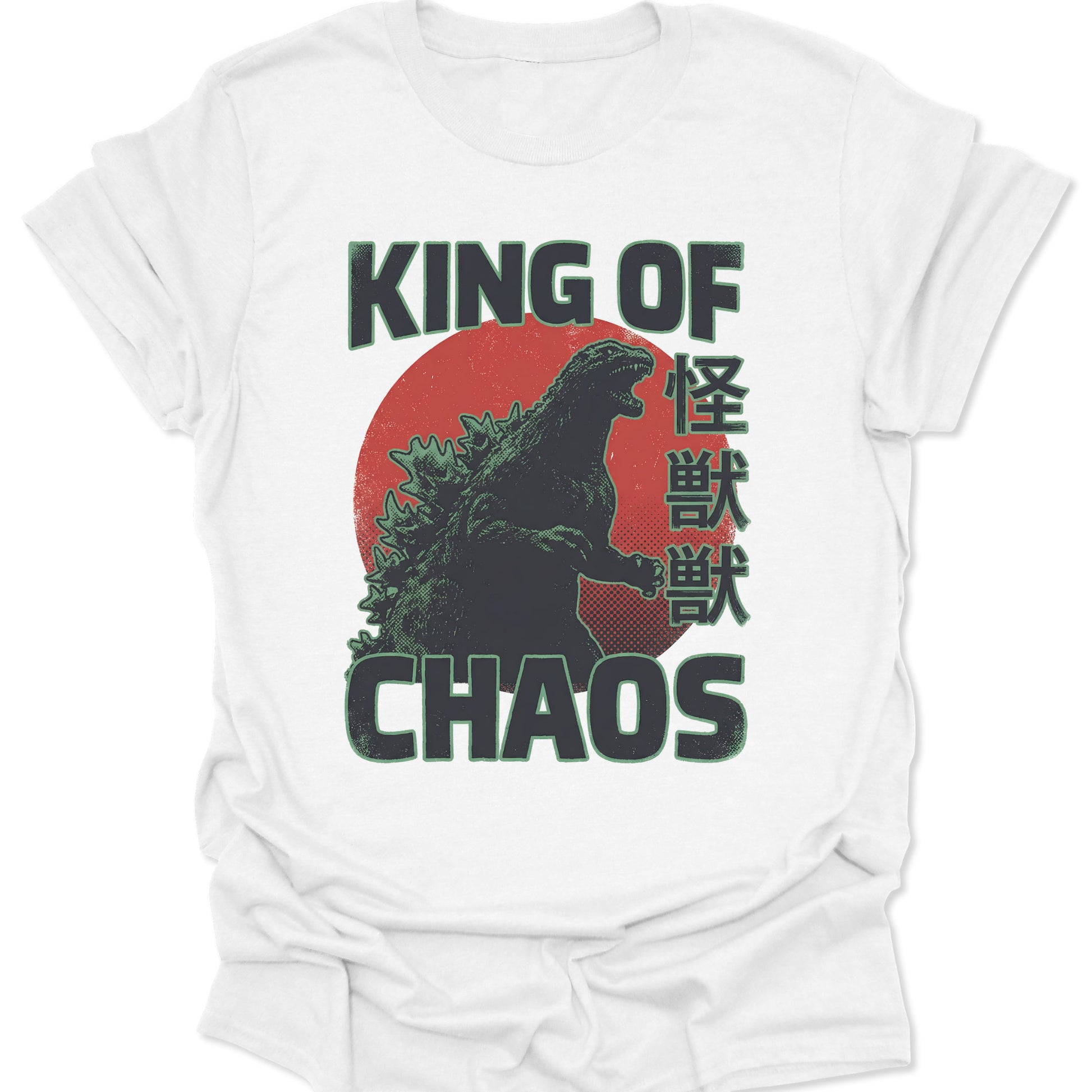 White t-shirt with a green retro Kaiju silhouette, red sun graphic, and King of Chaos text in vintage distressed style.