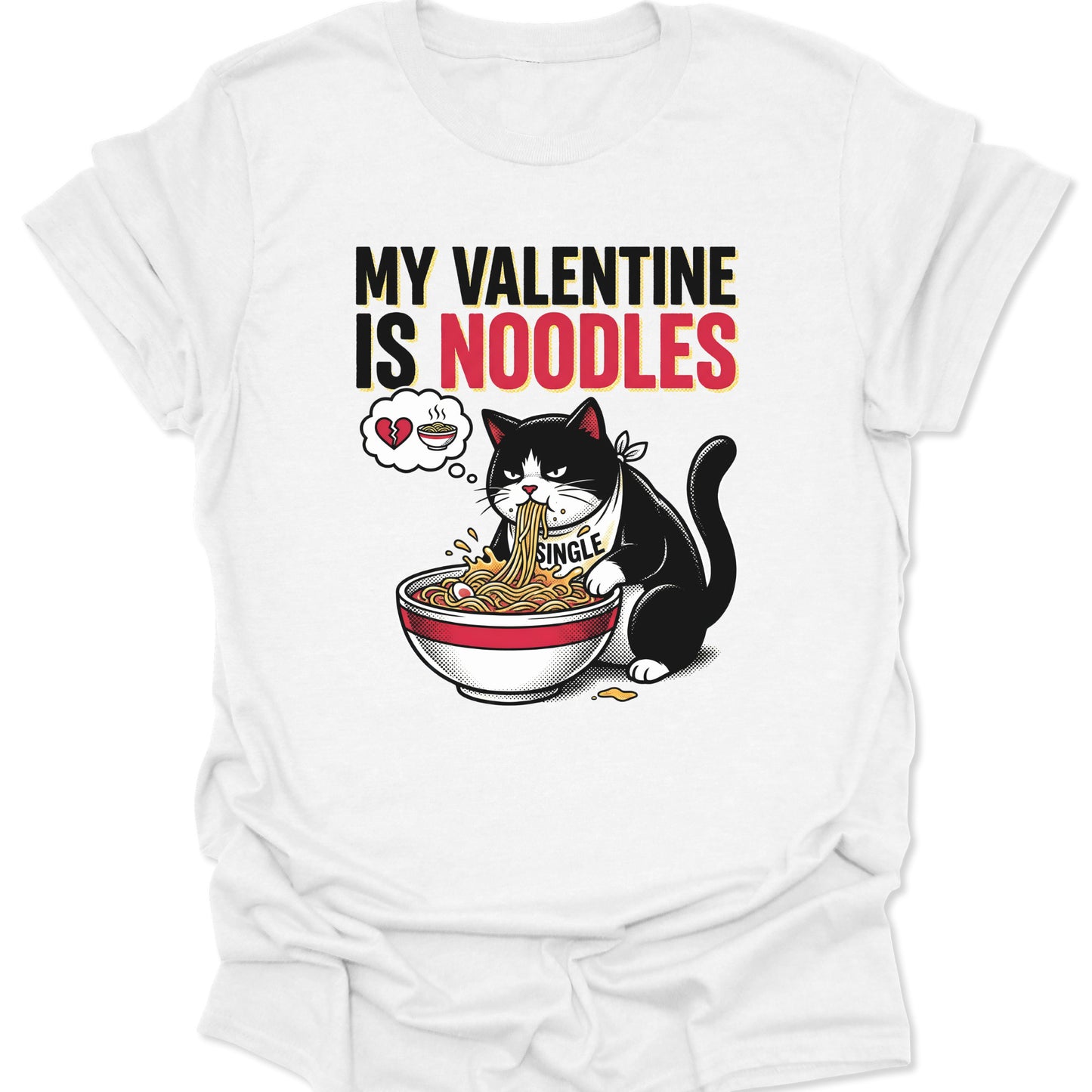 White unisex adult t-shirt featuring kawaii anime cat wearing Single bib slurping noodles anti-valentine graphic.
