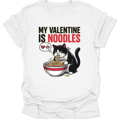 White unisex adult t-shirt featuring kawaii anime cat wearing Single bib slurping noodles anti-valentine graphic.