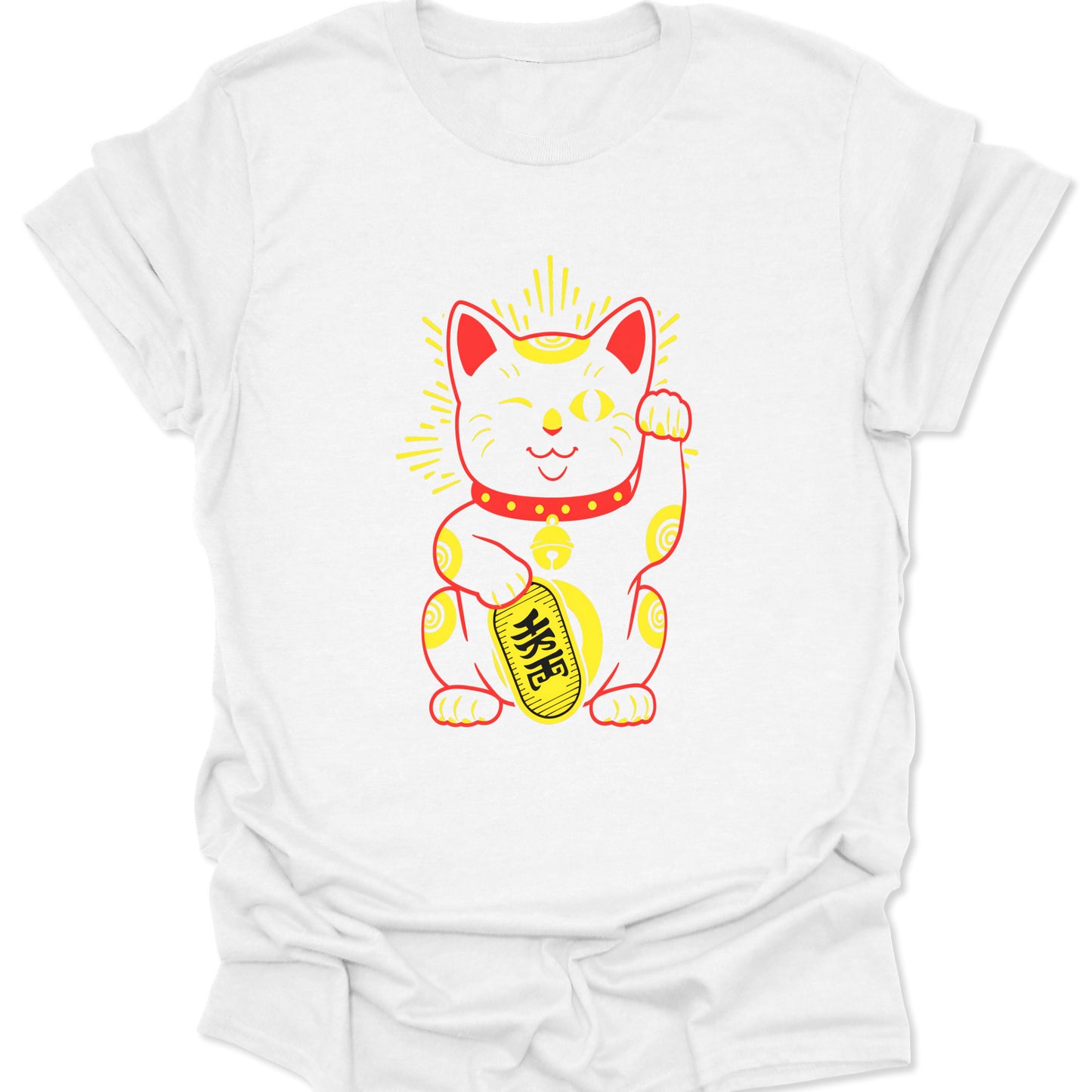 White lightweight cotton tee with a high-contrast Black and Red Maneki Neko beckoning cat design, showcasing minimalist Japanese aesthetic on a neutral backdrop.