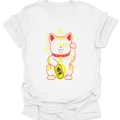 White lightweight cotton tee with a high-contrast Black and Red Maneki Neko beckoning cat design, showcasing minimalist Japanese aesthetic on a neutral backdrop.