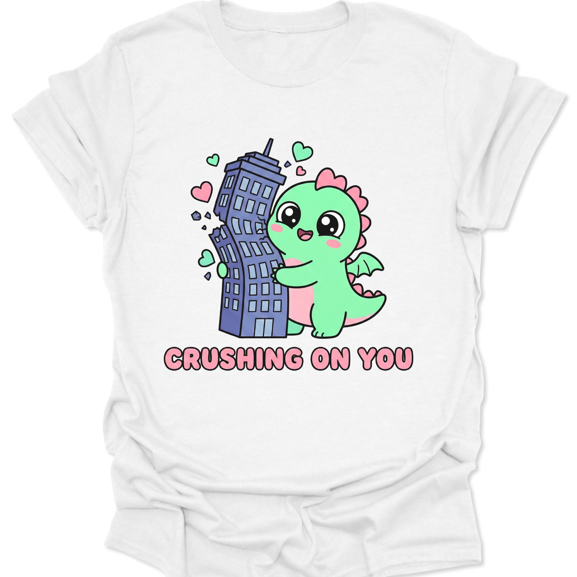 White unisex adult t-shirt showing a chibi dragon destroying a building with a hug and funny valentine pun text.