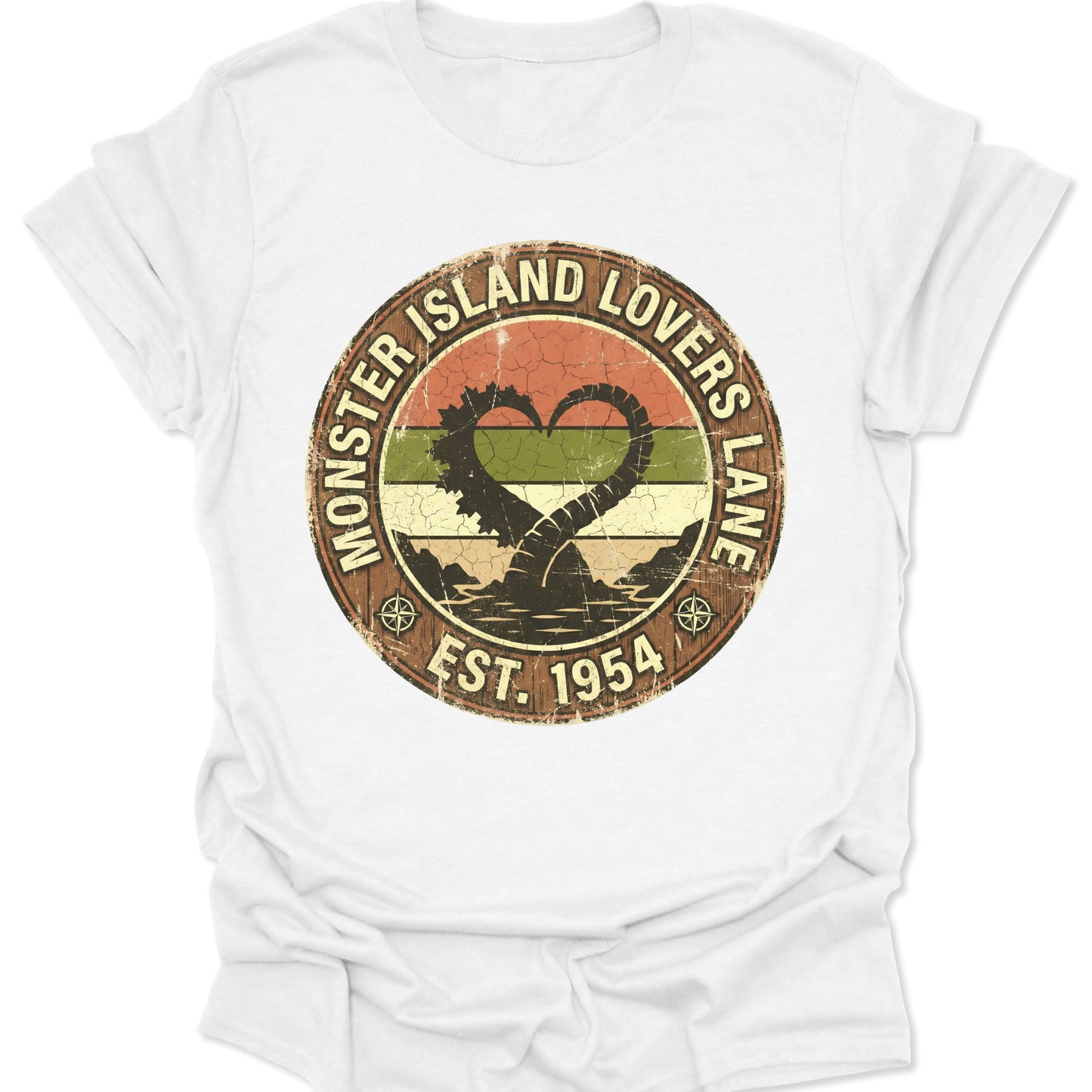 White unisex adult t-shirt featuring retro 1954 national park badge design with monster tails making a heart icon.