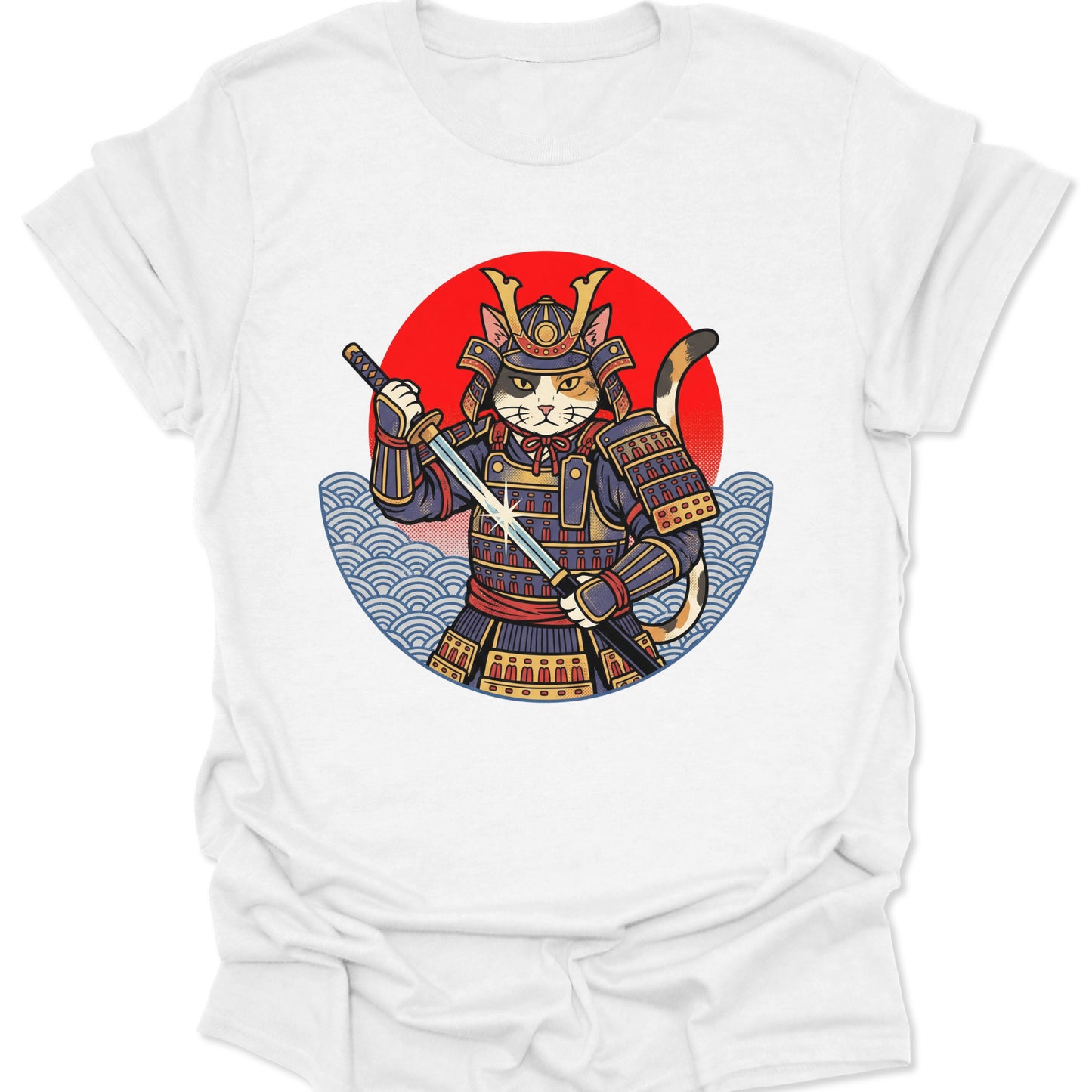 White unisex adult t-shirt with a Japanese cat warrior holding a sword over blue waves and a rising sun.
