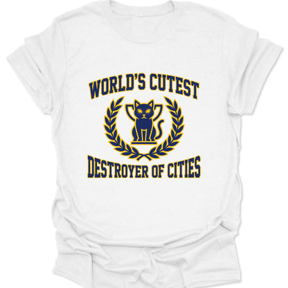 White unisex adult t-shirt featuring a navy and gold kawaii cat kaiju crest with varsity destroyer of cities text.