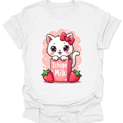 White premium cotton shirt featuring a cute cartoon cat sitting in an Ichigo Milk box in a pastel Japanese graphic style, isolated on a white background.