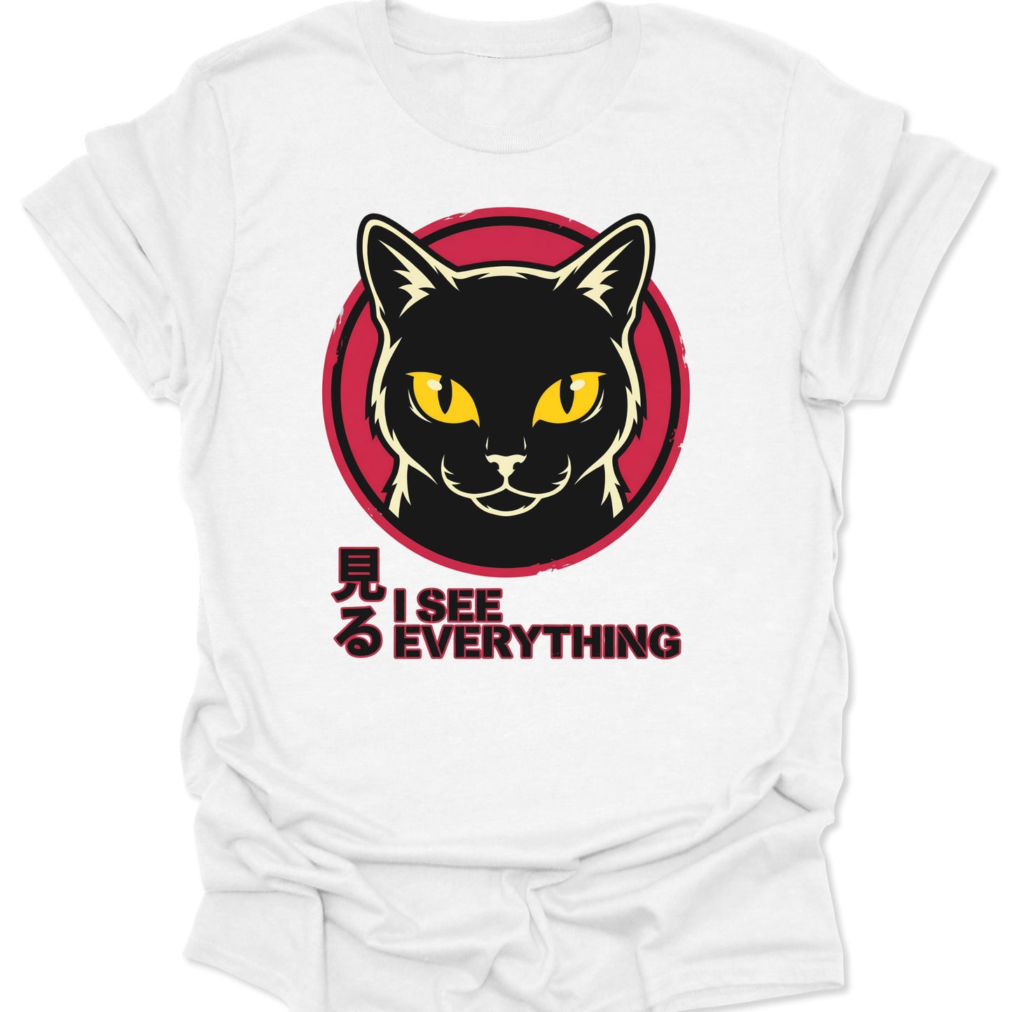 White unisex adult t-shirt featuring a black cat face with yellow eyes and red sun Japanese aesthetic design.