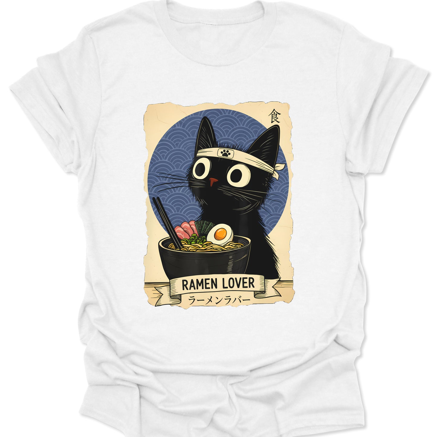 Clean white lightweight t-shirt displaying a detailed graphic of a hachimaki-wearing cat slurping noodles in a Japanese wave style, isolated on white.