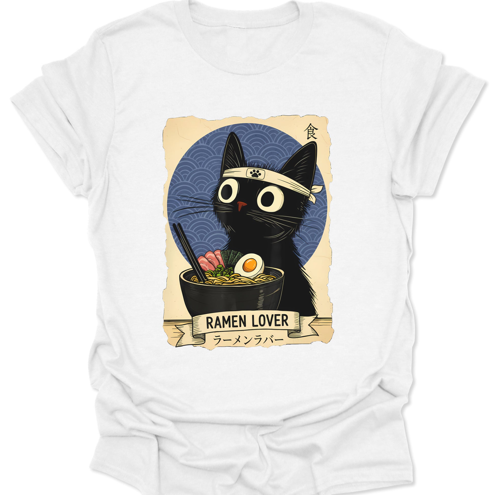 Clean white lightweight t-shirt displaying a detailed graphic of a hachimaki-wearing cat slurping noodles in a Japanese wave style, isolated on white.
