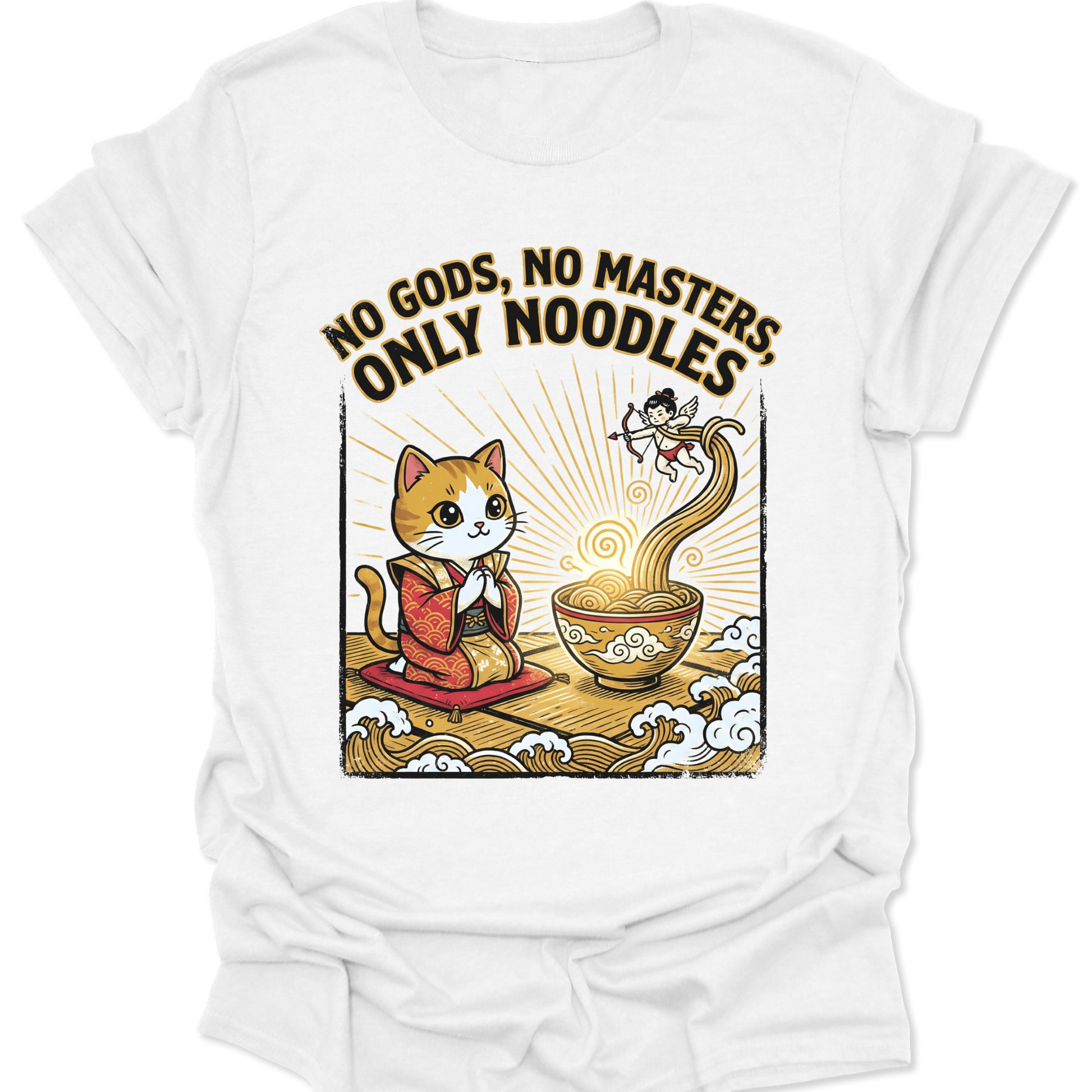 White unisex adult t-shirt showing a funny kawaii cat praying to glowing ramen with No Gods No Masters text.