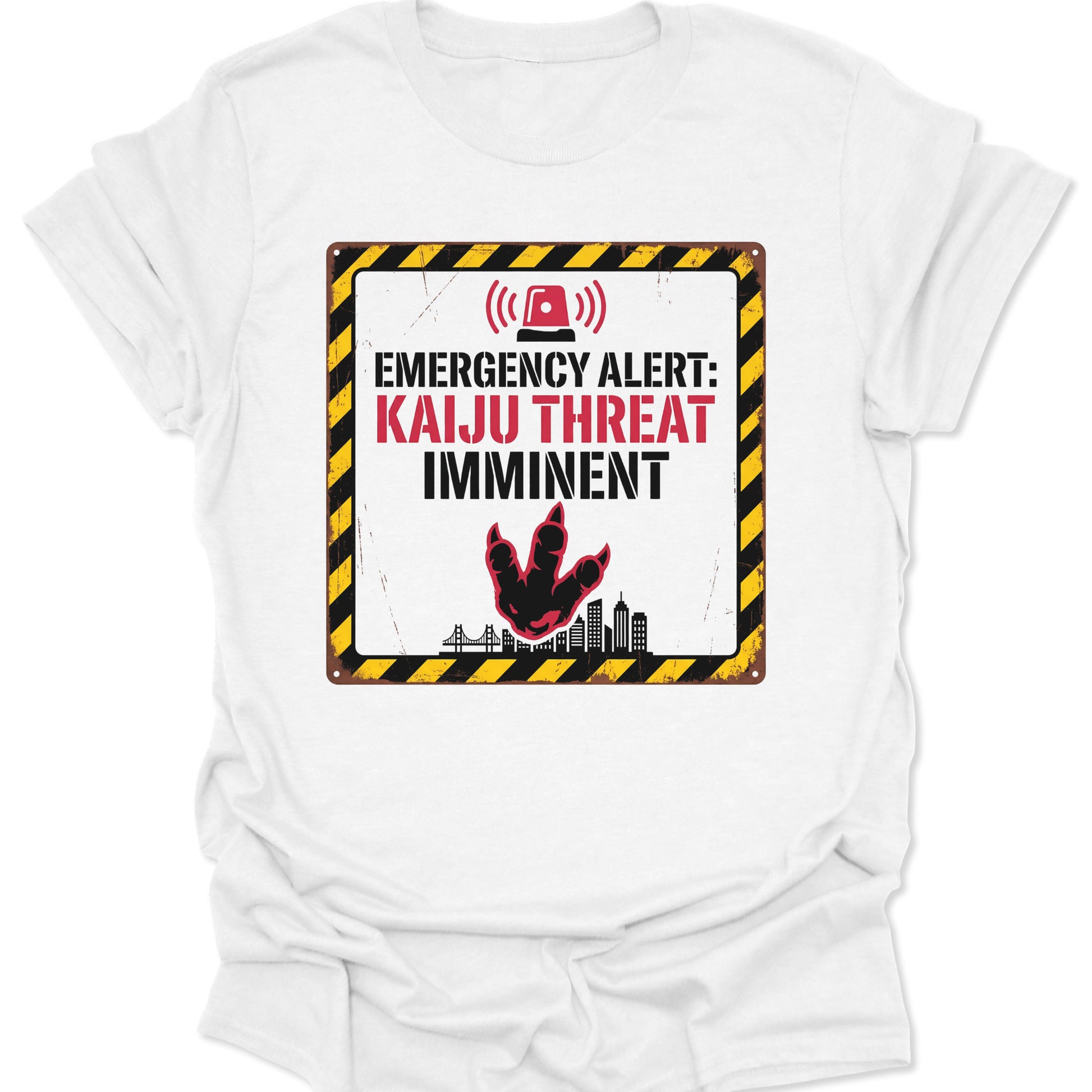 White unisex adult t-shirt featuring a Kaiju Warning Sign Graphic Tee with a red monster claw and hazard stripes.