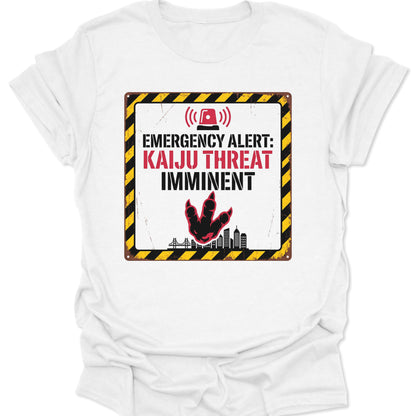 White unisex adult t-shirt featuring a Kaiju Warning Sign Graphic Tee with a red monster claw and hazard stripes.