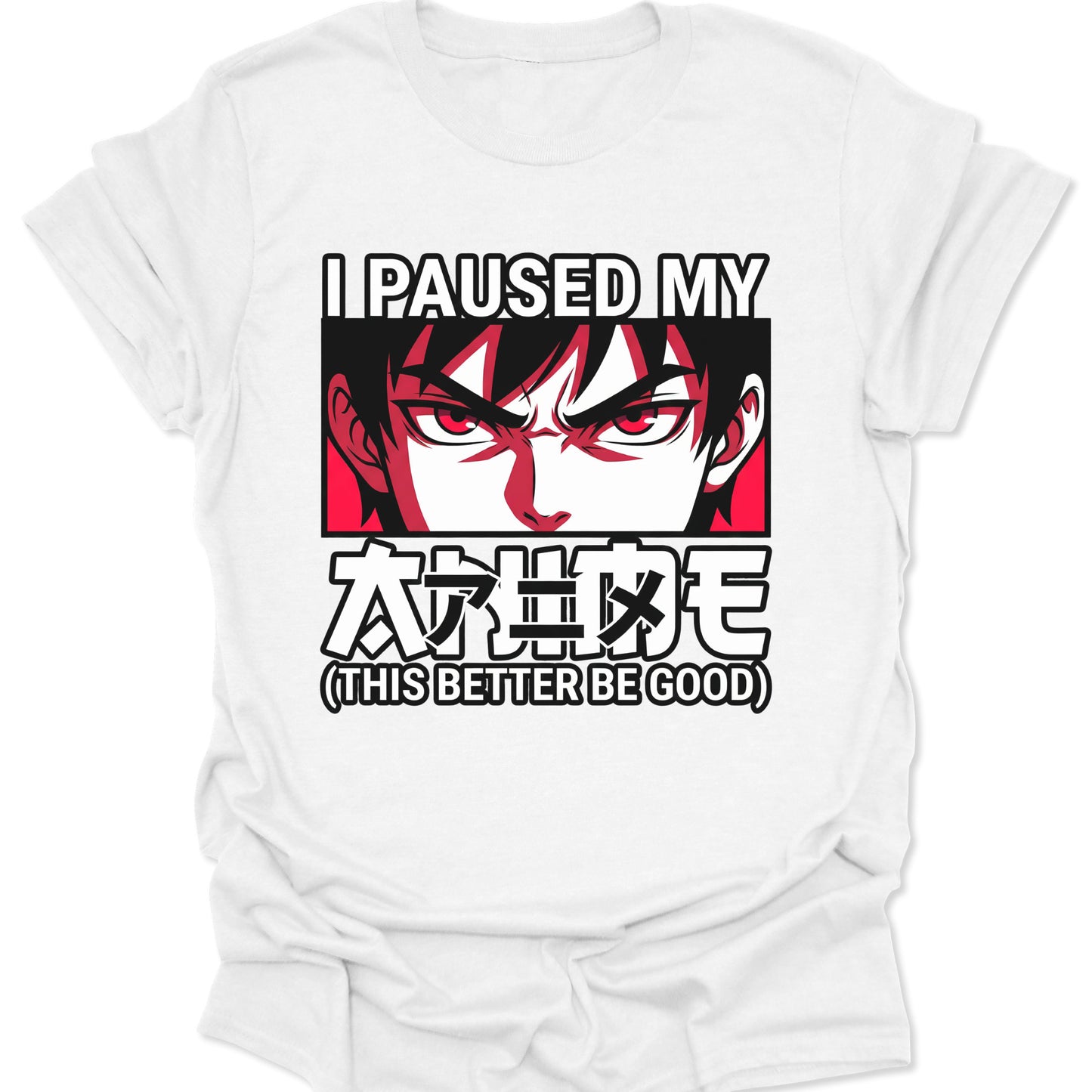 White unisex adult t-shirt featuring high-contrast red anime eyes graphic and aesthetic Japanese font.