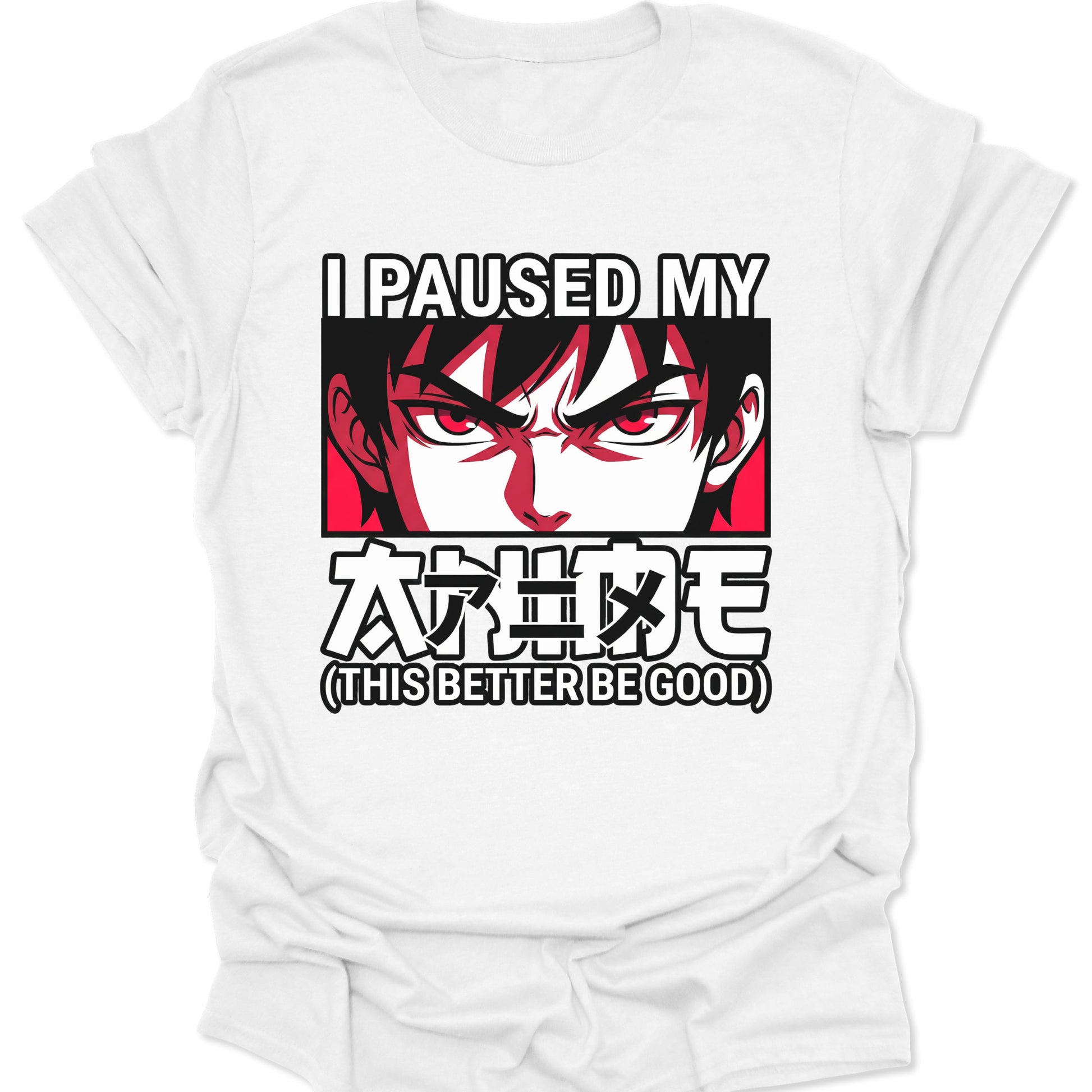 White unisex adult t-shirt featuring high-contrast red anime eyes graphic and aesthetic Japanese font.