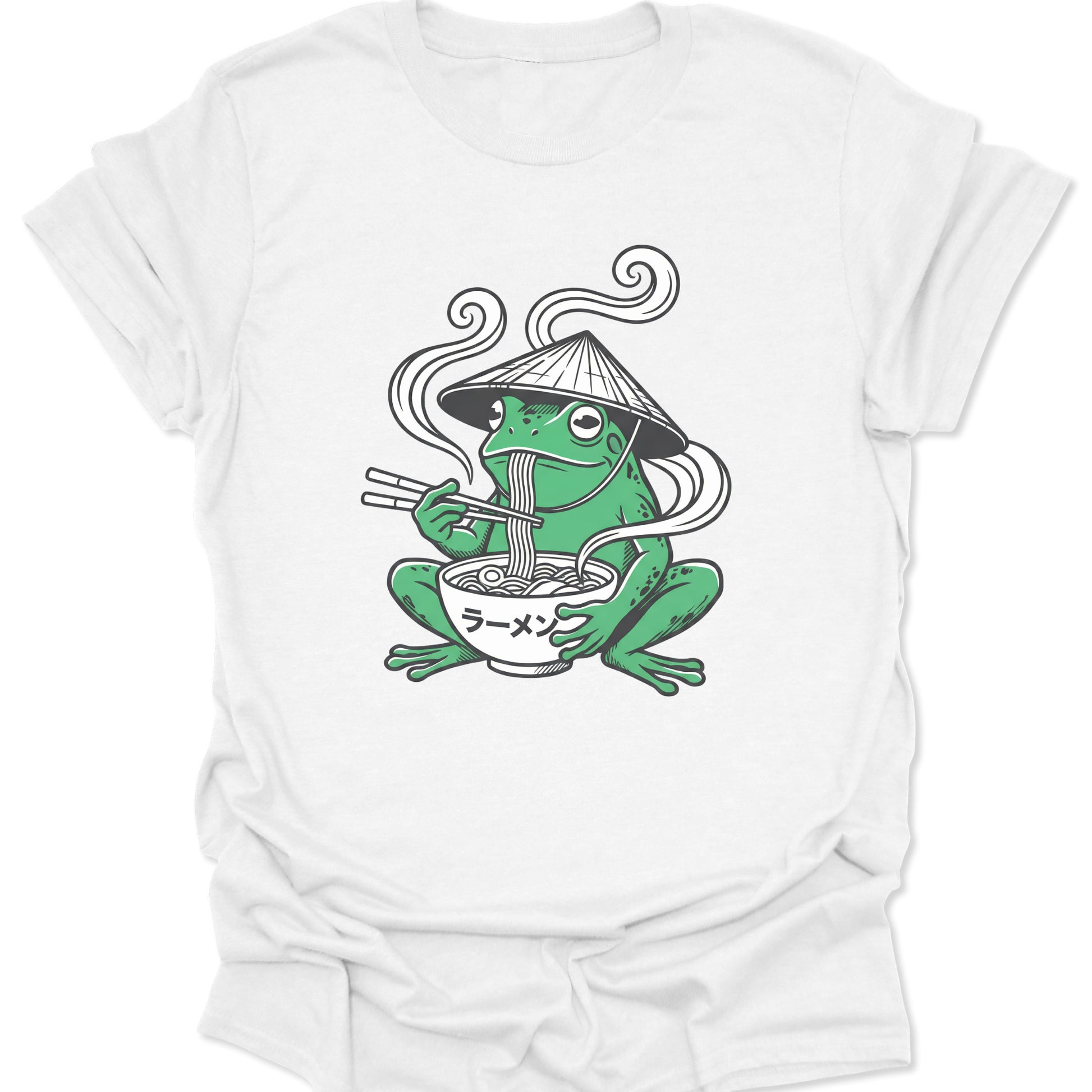 White unisex adult t-shirt featuring a kawaii frog eating Japanese ramen noodles with retro steam swirls and katakana text.