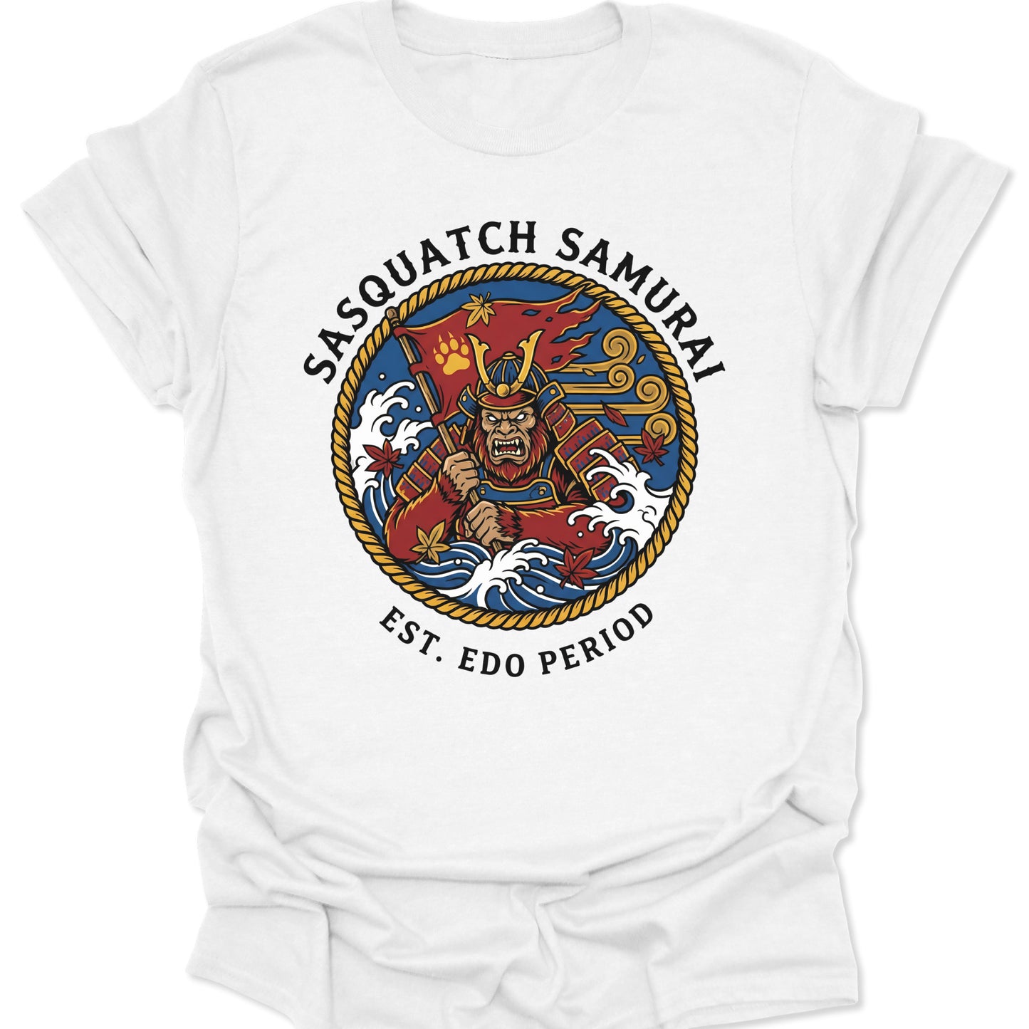 White unisex adult t-shirt featuring a Sasquatch Samurai in red armor with blue waves and Japanese tattoo art elements.
