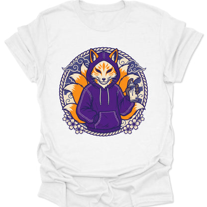 White unisex adult t-shirt featuring a kitsune in a purple hoodie holding a spray can within a Japanese cloud frame.