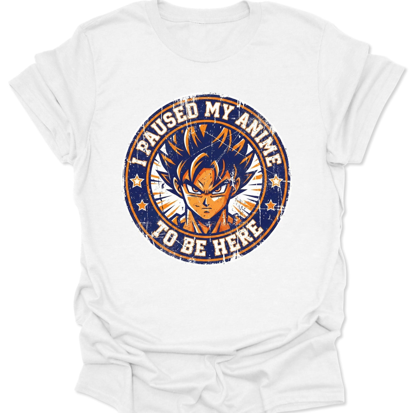 White unisex adult t-shirt with retro shonen protagonist seal design and bold Japanese manga style sunburst elements.