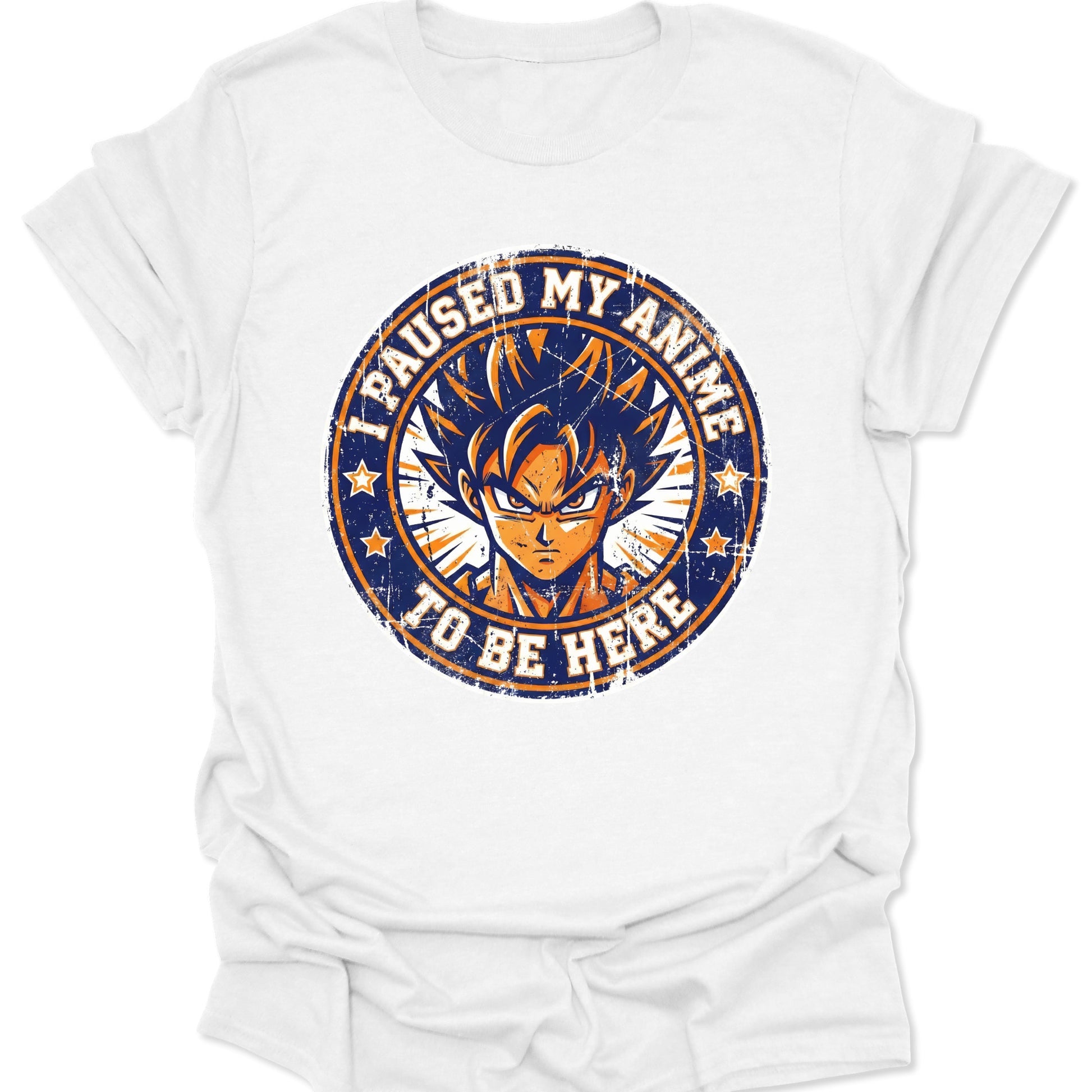 White unisex adult t-shirt with retro shonen protagonist seal design and bold Japanese manga style sunburst elements.