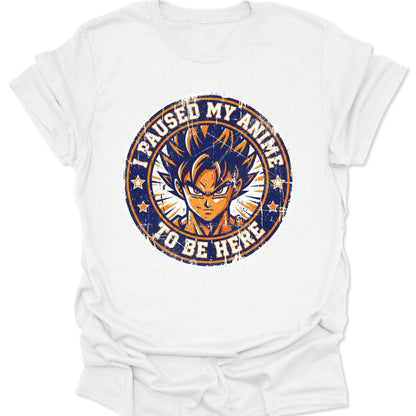 White unisex adult t-shirt with retro shonen protagonist seal design and bold Japanese manga style sunburst elements.