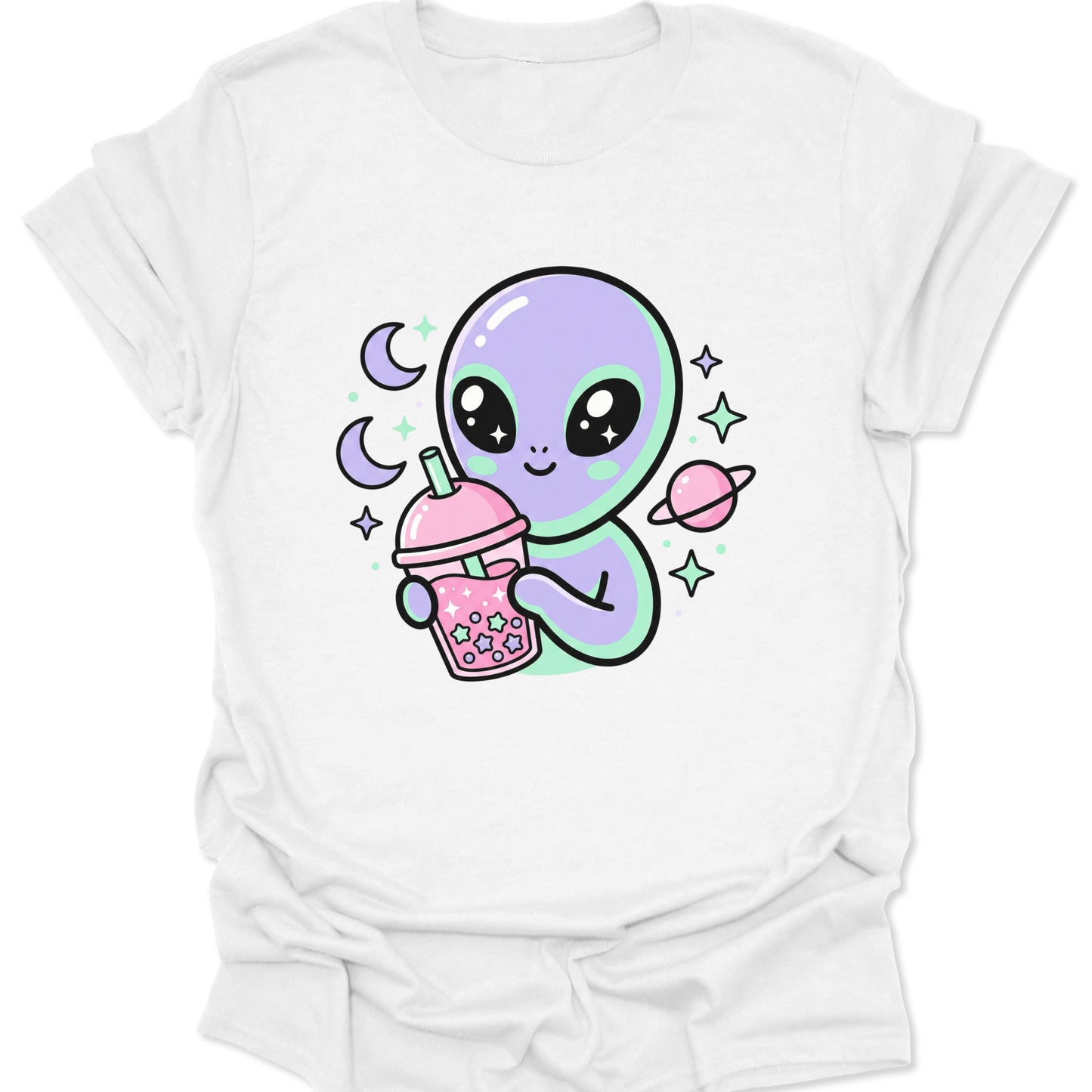 White unisex adult t-shirt featuring a purple alien holding a pink star boba drink with moons and planets.