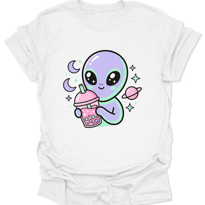 White unisex adult t-shirt featuring a purple alien holding a pink star boba drink with moons and planets.
