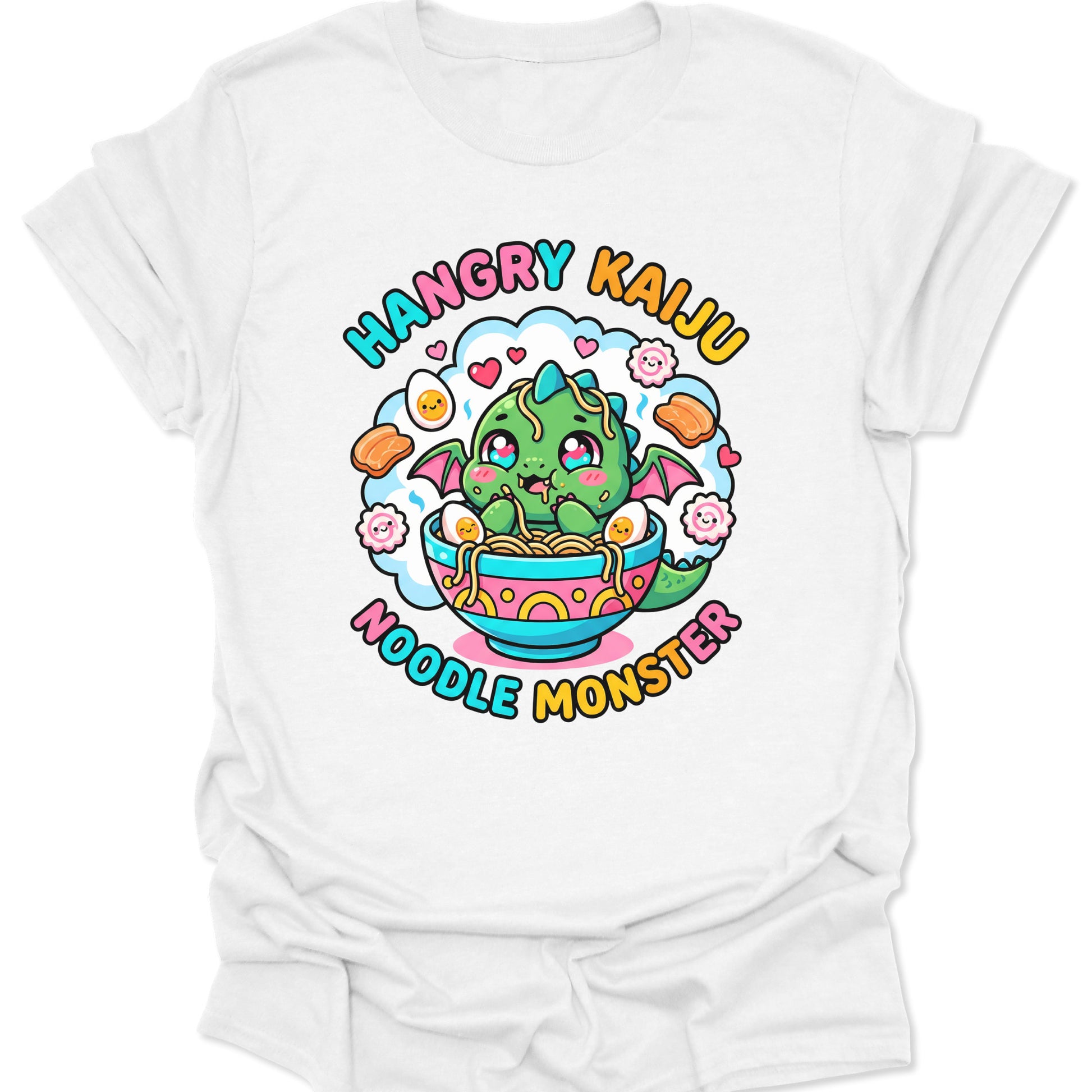 White unisex adult t-shirt featuring a kawaii chibi dragon slurping noodles in a colorful bowl with eggs and fish cakes.