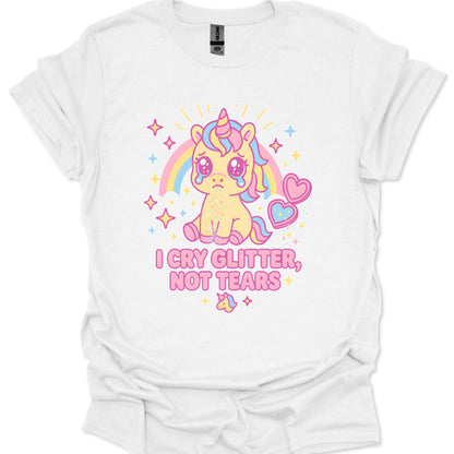 pastel unicorn mascot with teary eyes and glitter drops retro kawaii art