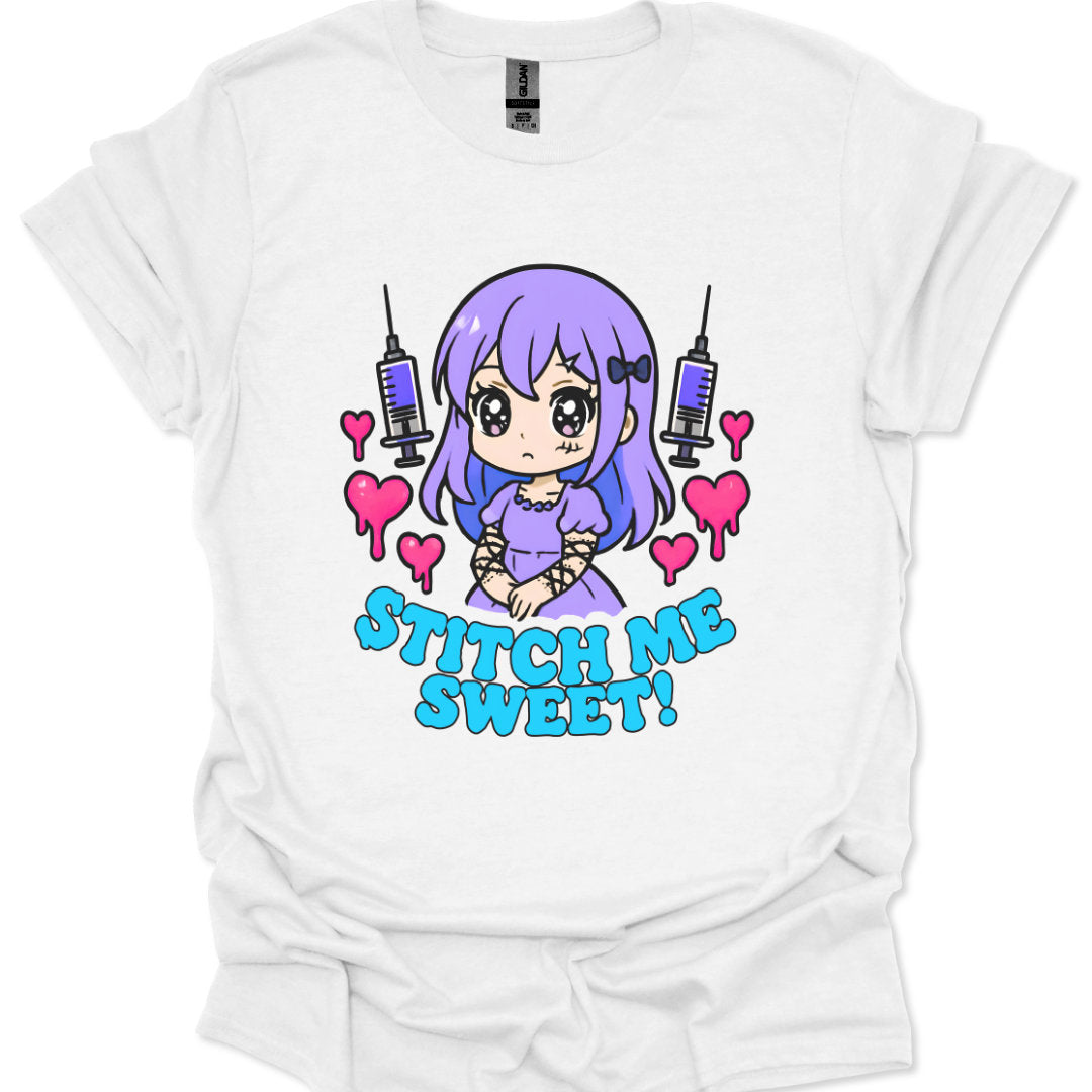 White t-shirt with a cartoon character and text 'Stitch Me Sweet' on a white background