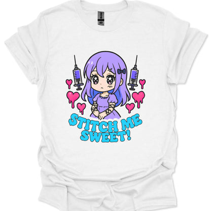 White t-shirt with a cartoon character and text 'Stitch Me Sweet' on a white background