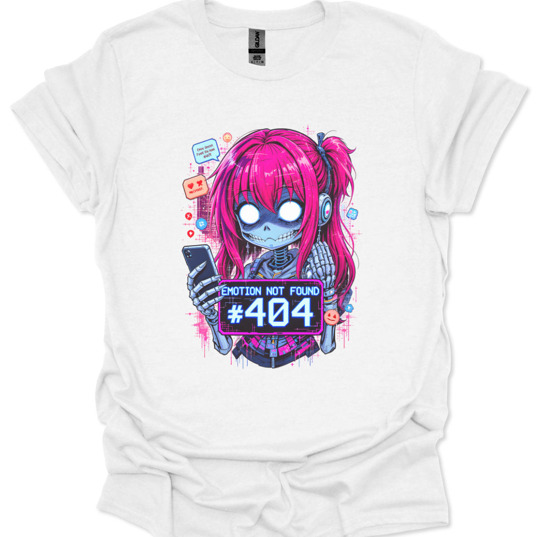 Cyberpunk skeleton girl with glowing eyes and error sign