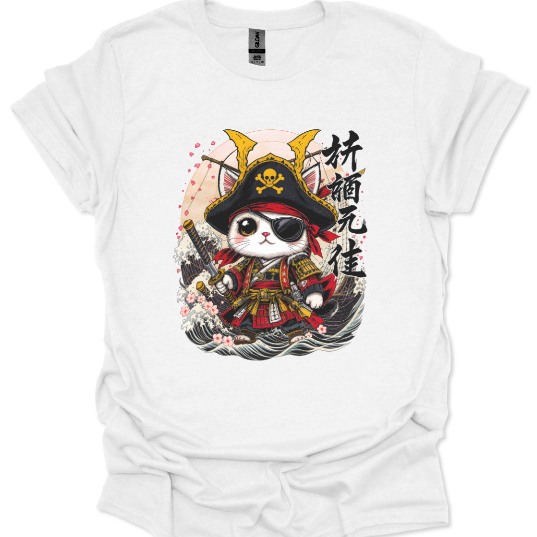 White t-shirt with a cat in samurai costume graphic and text on a white background