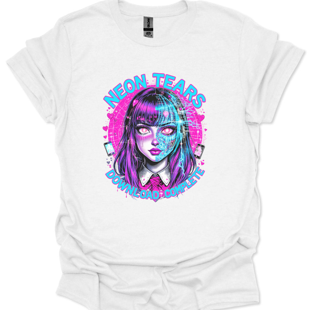 White t-shirt with a colorful graphic of a woman's face and 'Neon Tears' text on a white background