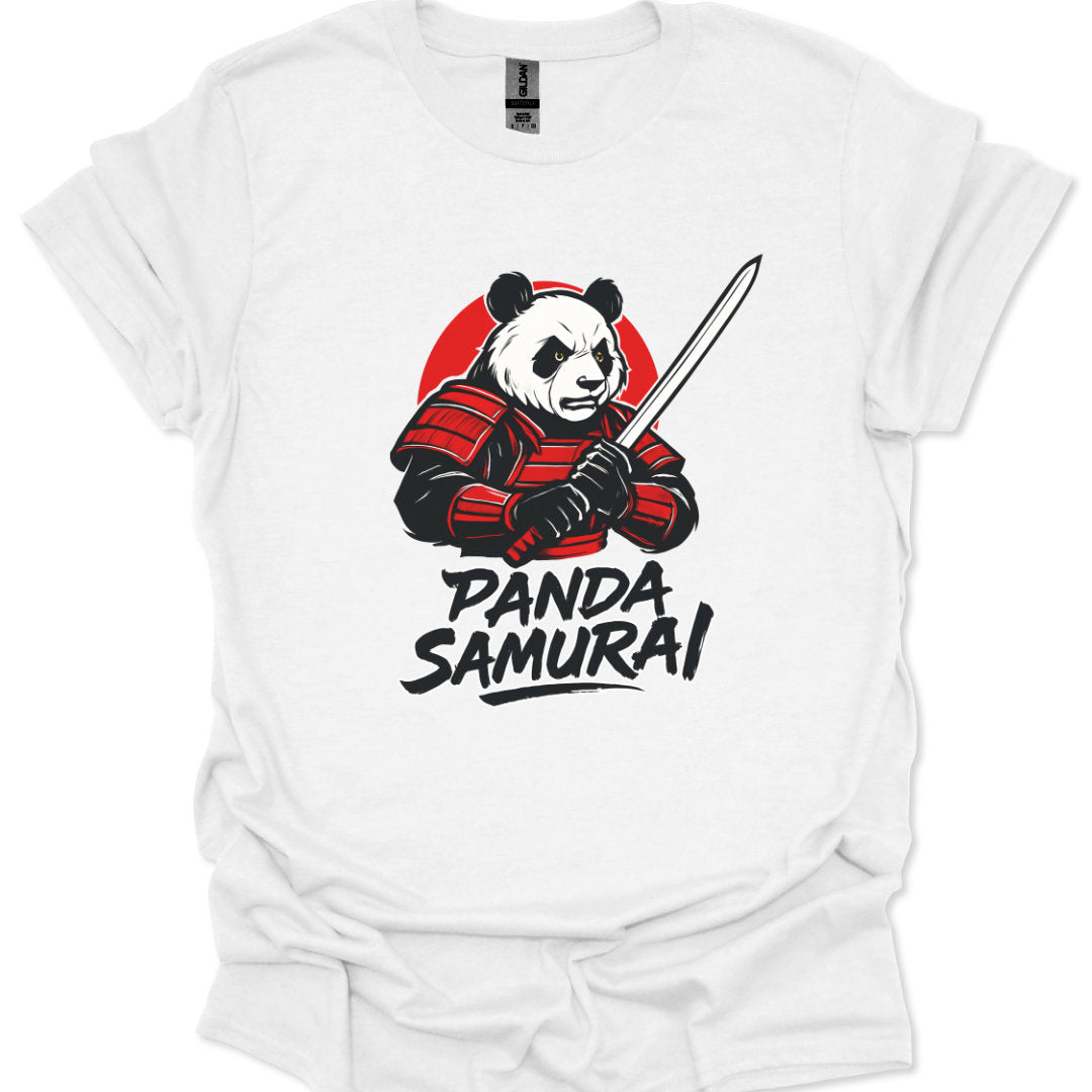 White t-shirt with a panda samurai graphic and text on a white background