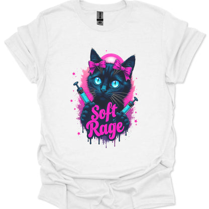 White t-shirt with a black cat graphic and 'Soft Rage' text on a white background