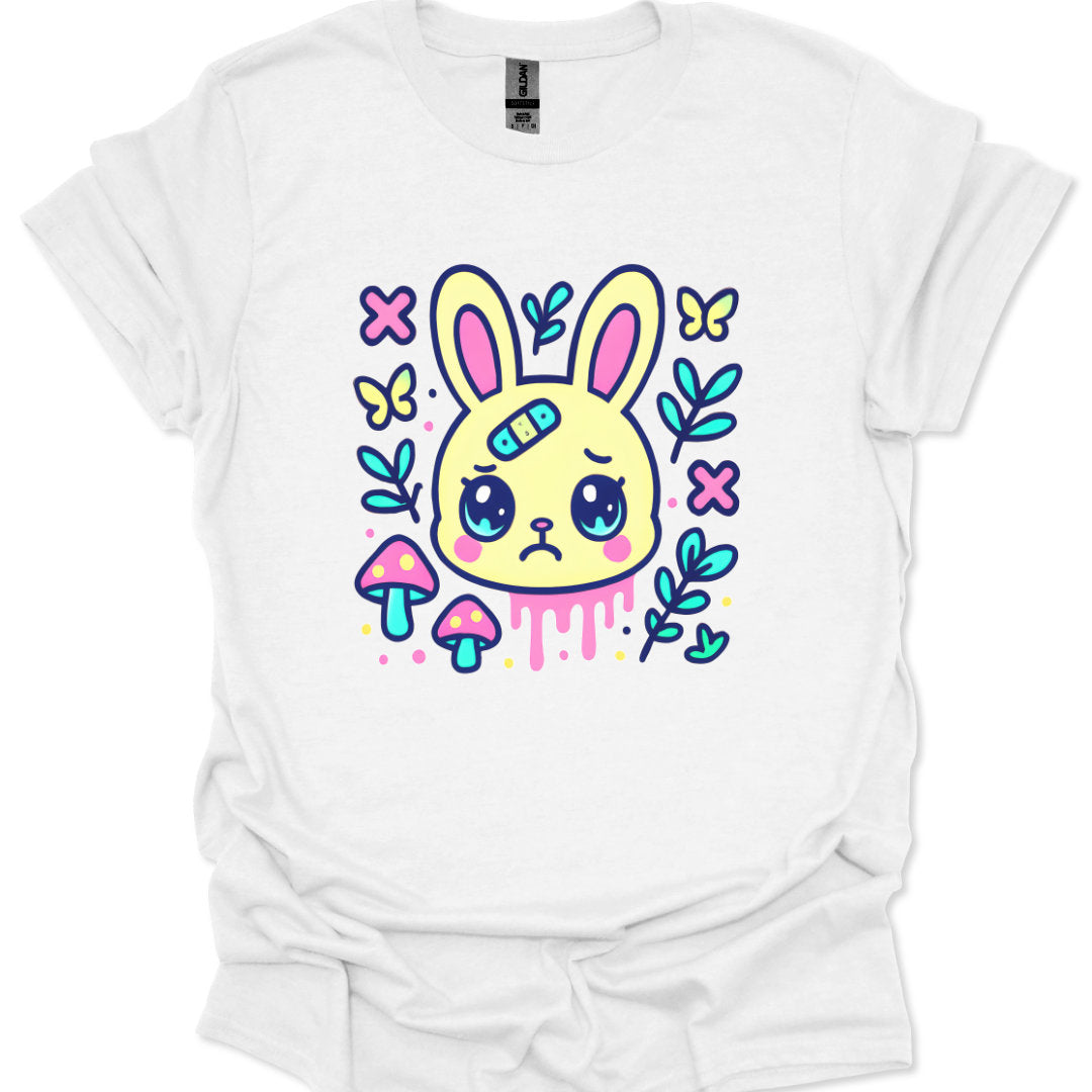 Yami kawaii bunny face with teary eyes bandage and butterflies