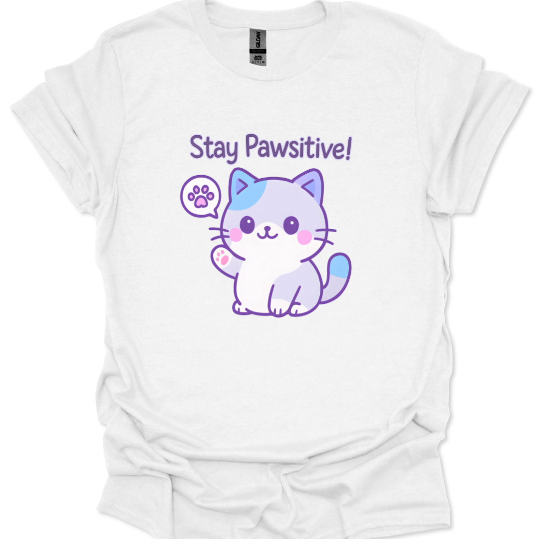 kawaii chibi cat waving paw with Stay Pawsitive text