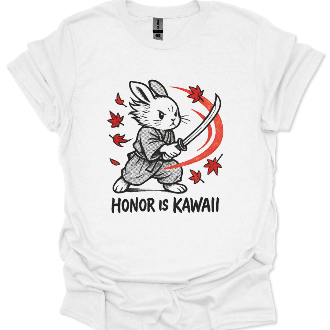 kawaii samurai bunny swinging a katana with maple leaves