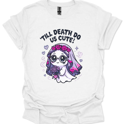 White t-shirt with a cartoon ghost design and 'Till Death Do Us Cute!' text on a white background