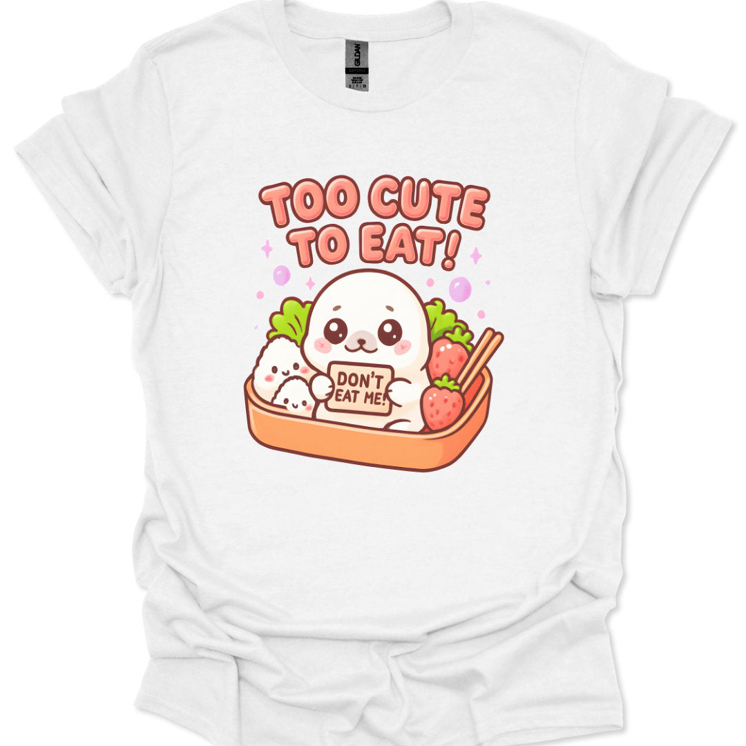 White t-shirt with a cartoon ghost and food items on a white background