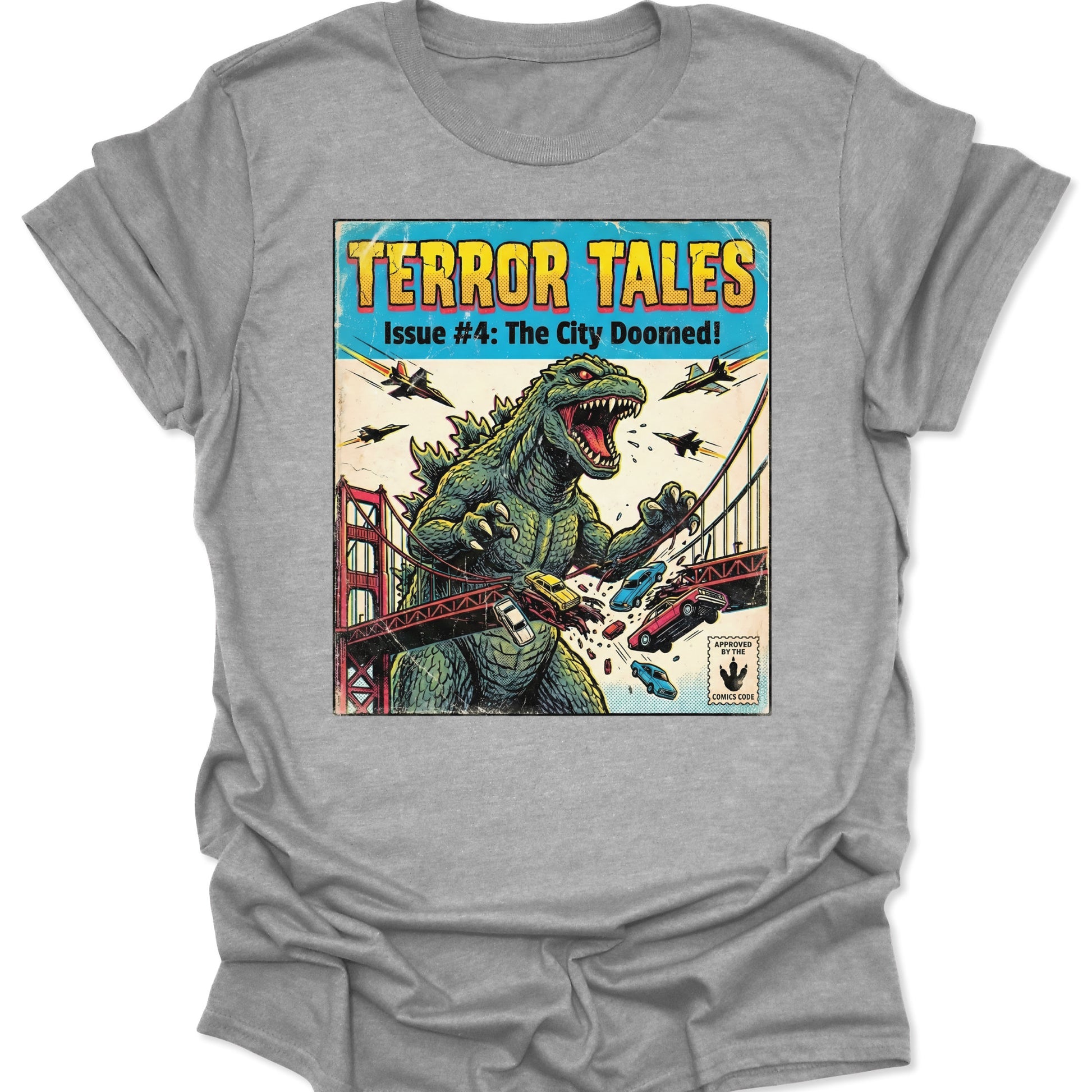 Sport Grey unisex adult t-shirt featuring a retro Kaiju comic book graphic of a giant monster destroying a city bridge.