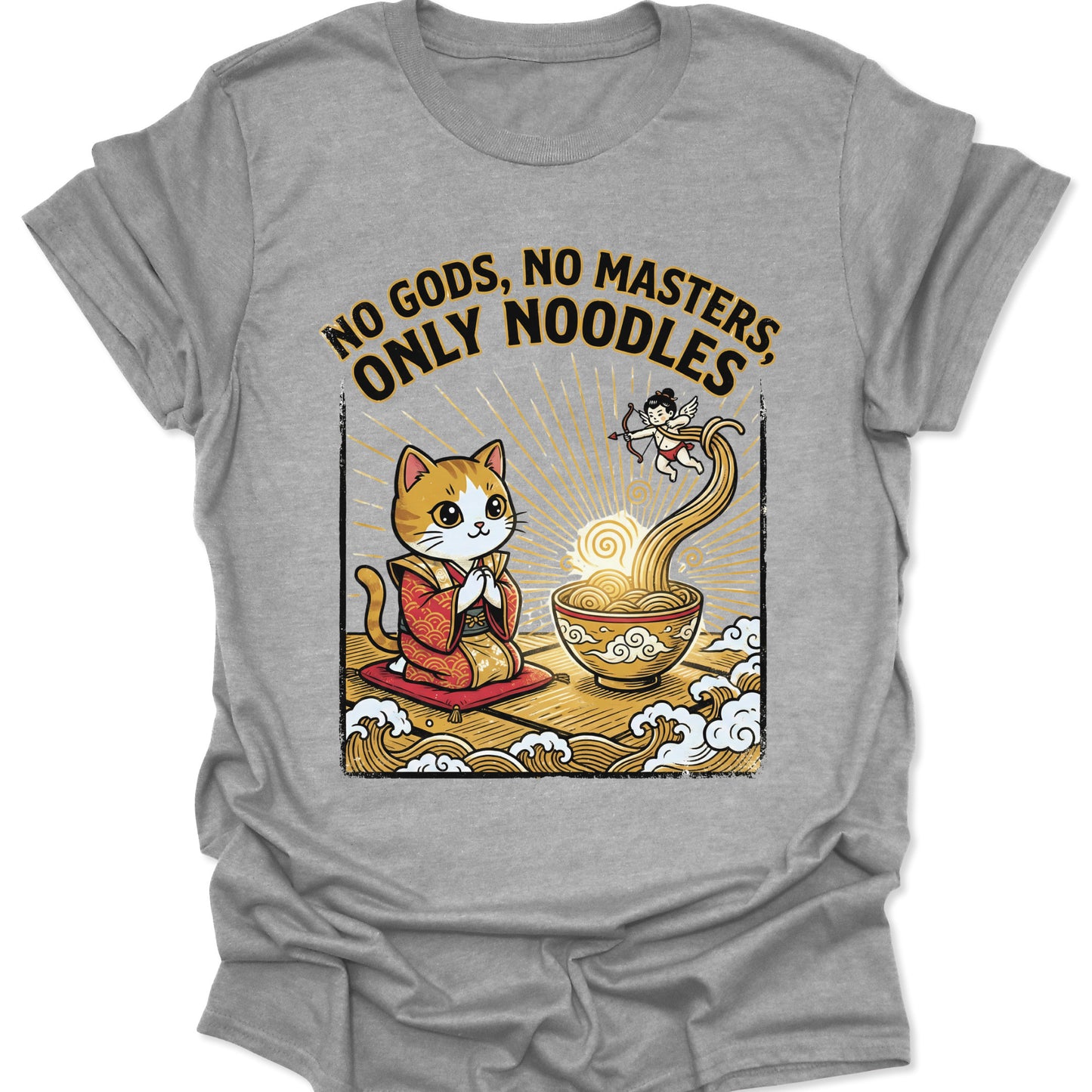 Sport Grey unisex adult t-shirt featuring a cat worshipping holy ramen noodles in Japanese woodblock style.