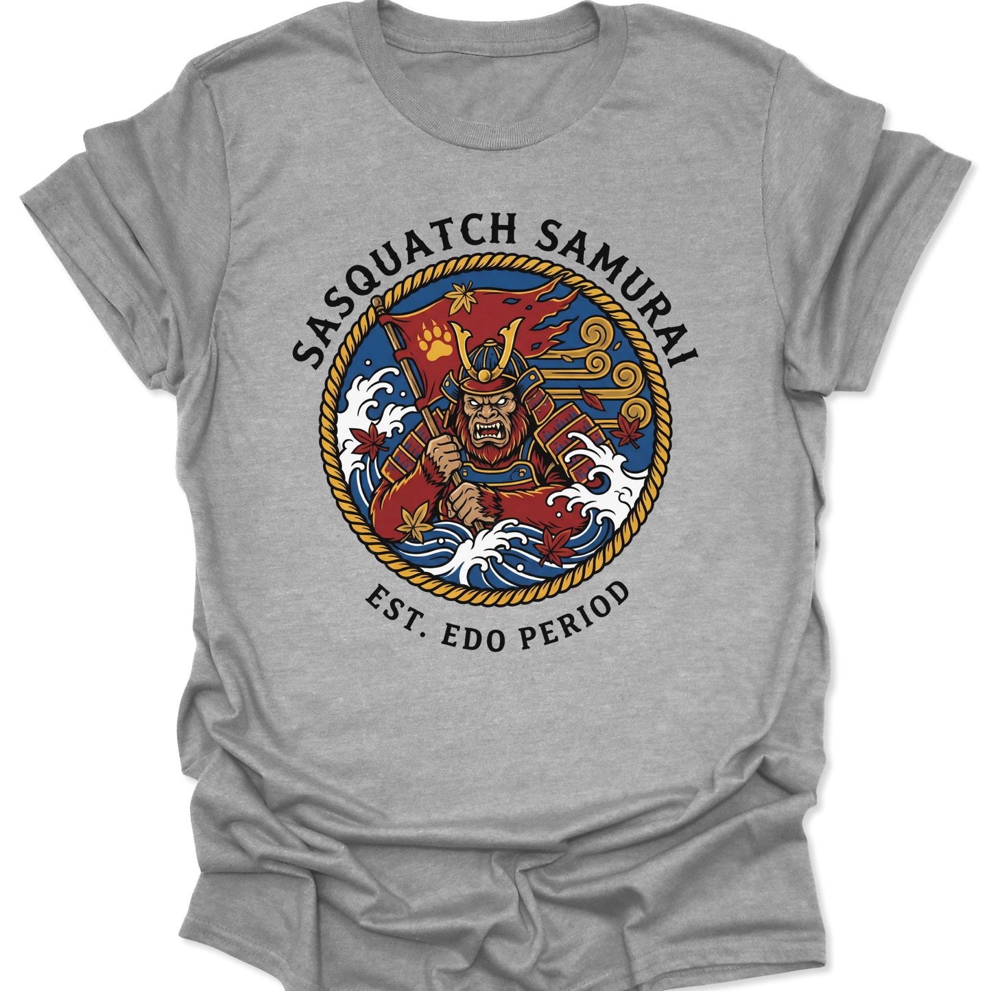 Sport Grey unisex adult t-shirt with an Irezumi-style samurai bigfoot graphic surrounded by a rope border and maple leaves.