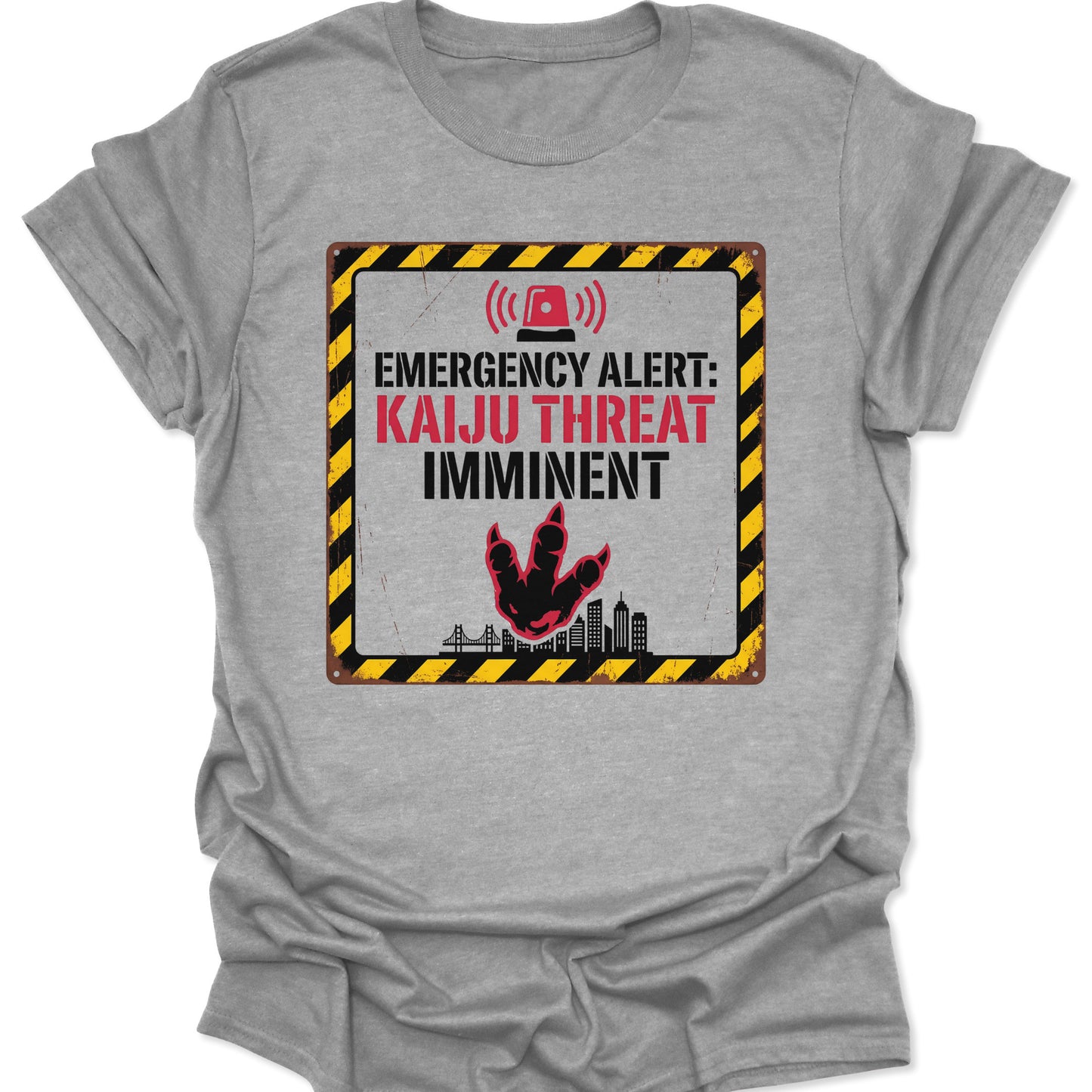 Sport grey unisex adult t-shirt featuring Japanese Daikaiju Urban Apparel with a red siren and city skyline.