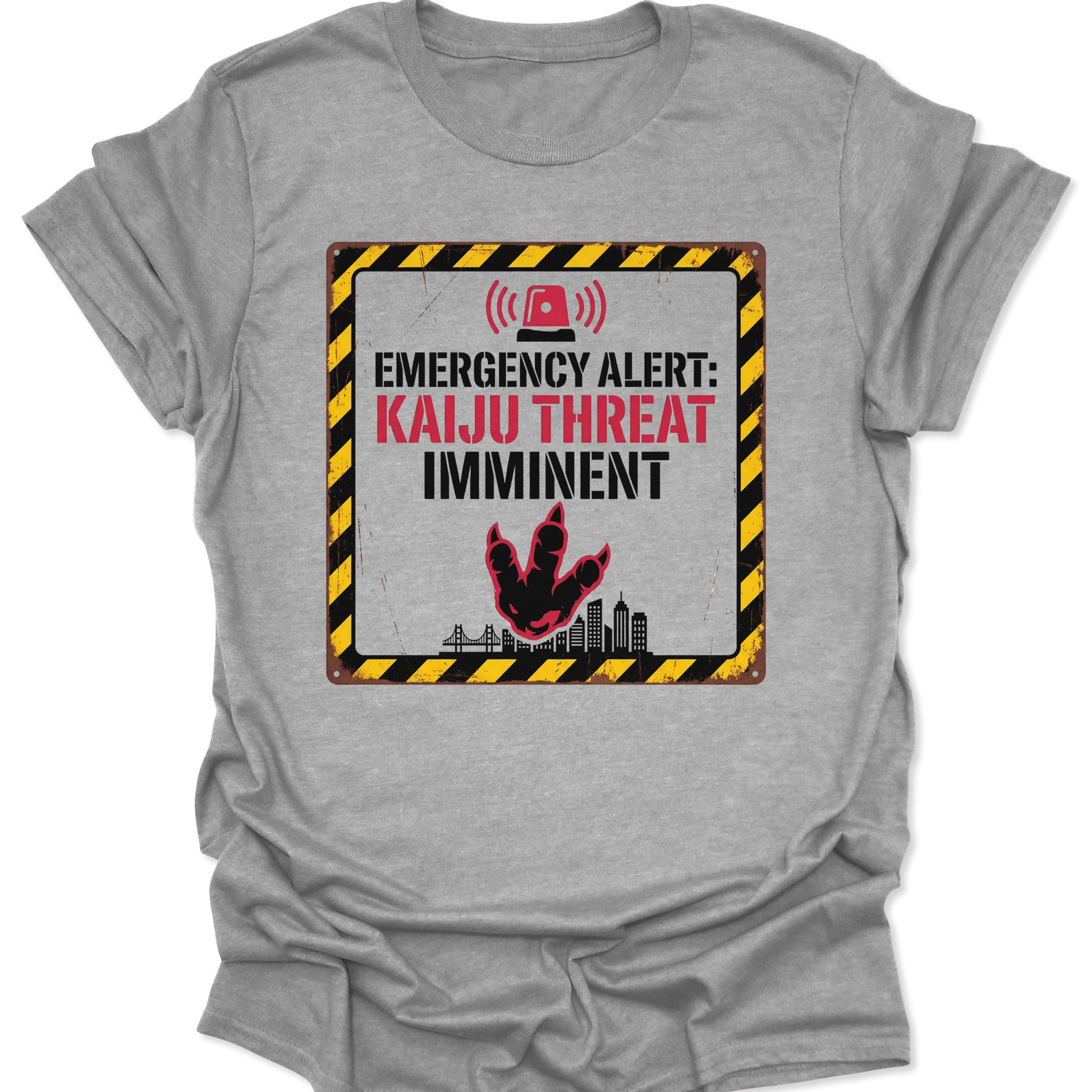 Sport grey unisex adult t-shirt featuring Japanese Daikaiju Urban Apparel with a red siren and city skyline.