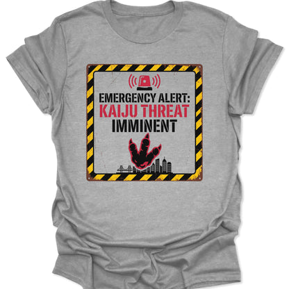 Sport grey unisex adult t-shirt featuring Japanese Daikaiju Urban Apparel with a red siren and city skyline.