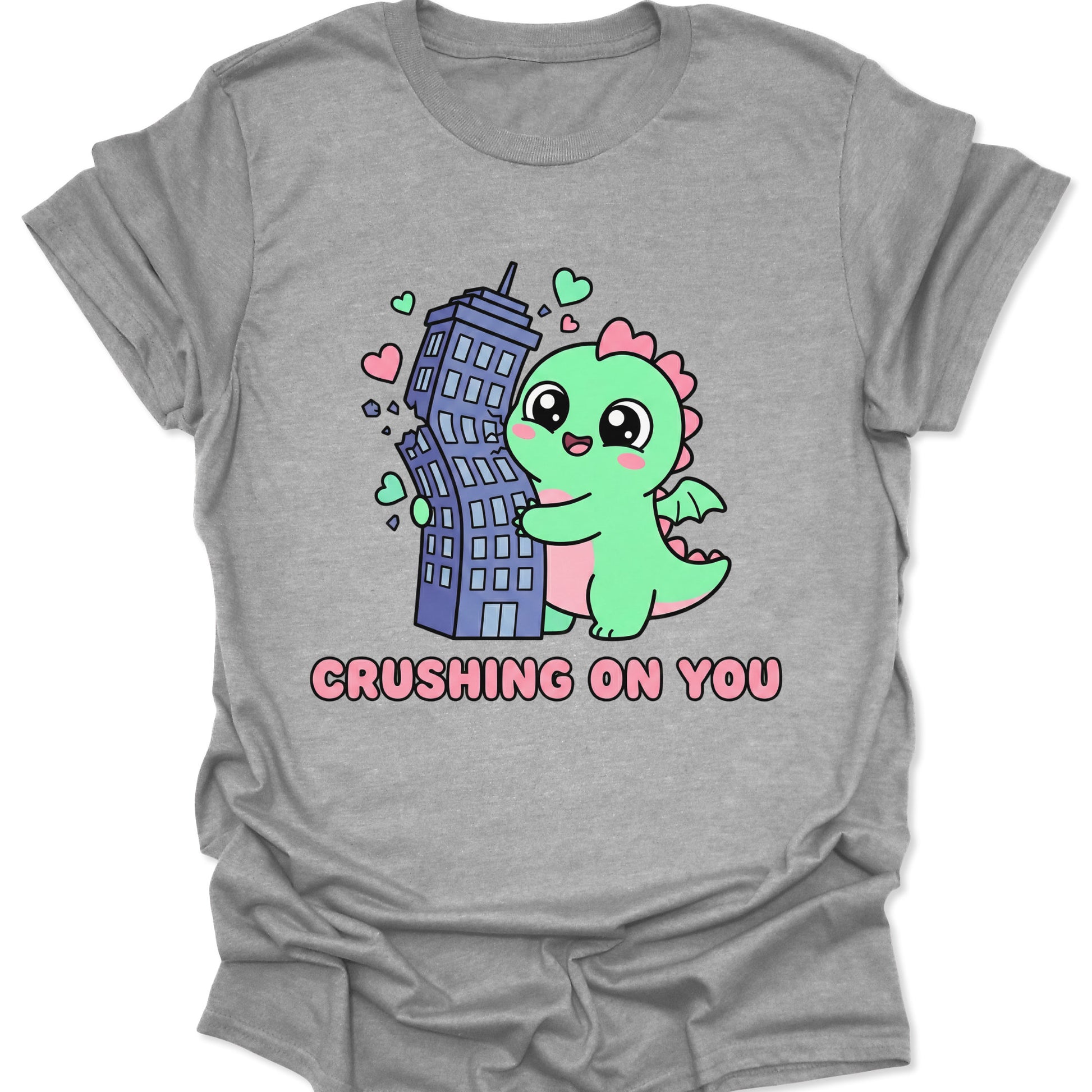 Sport Grey unisex adult t-shirt with kawaii monster love graphic and Crushing On You typography for valentines day.