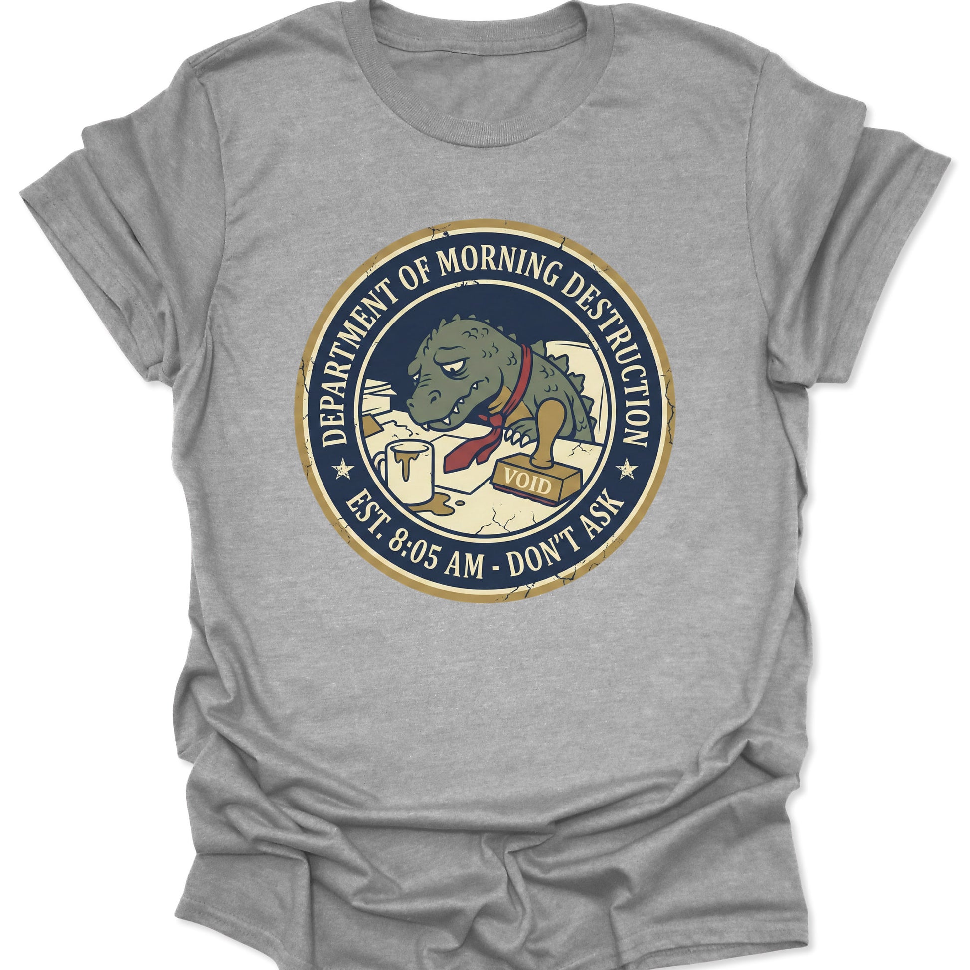 Sport Grey unisex adult t-shirt featuring department of morning destruction monster drinking coffee graphic.