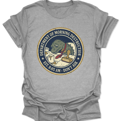 Sport Grey unisex adult t-shirt featuring department of morning destruction monster drinking coffee graphic.
