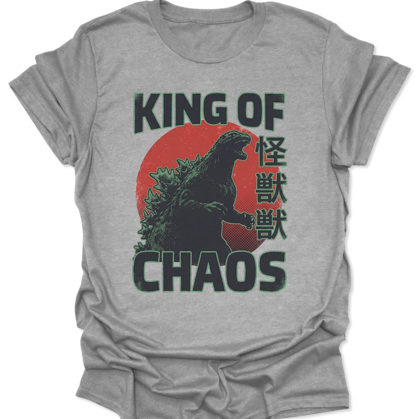 Sport grey heather tee featuring a Japanese monster graphic, red rising sun, and King of Chaos Kanji typography.